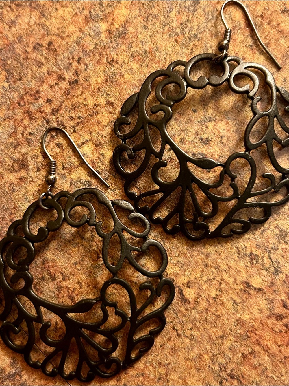 Black Filigree Hoop Drop Earrings - Elegant Women's Jewelry